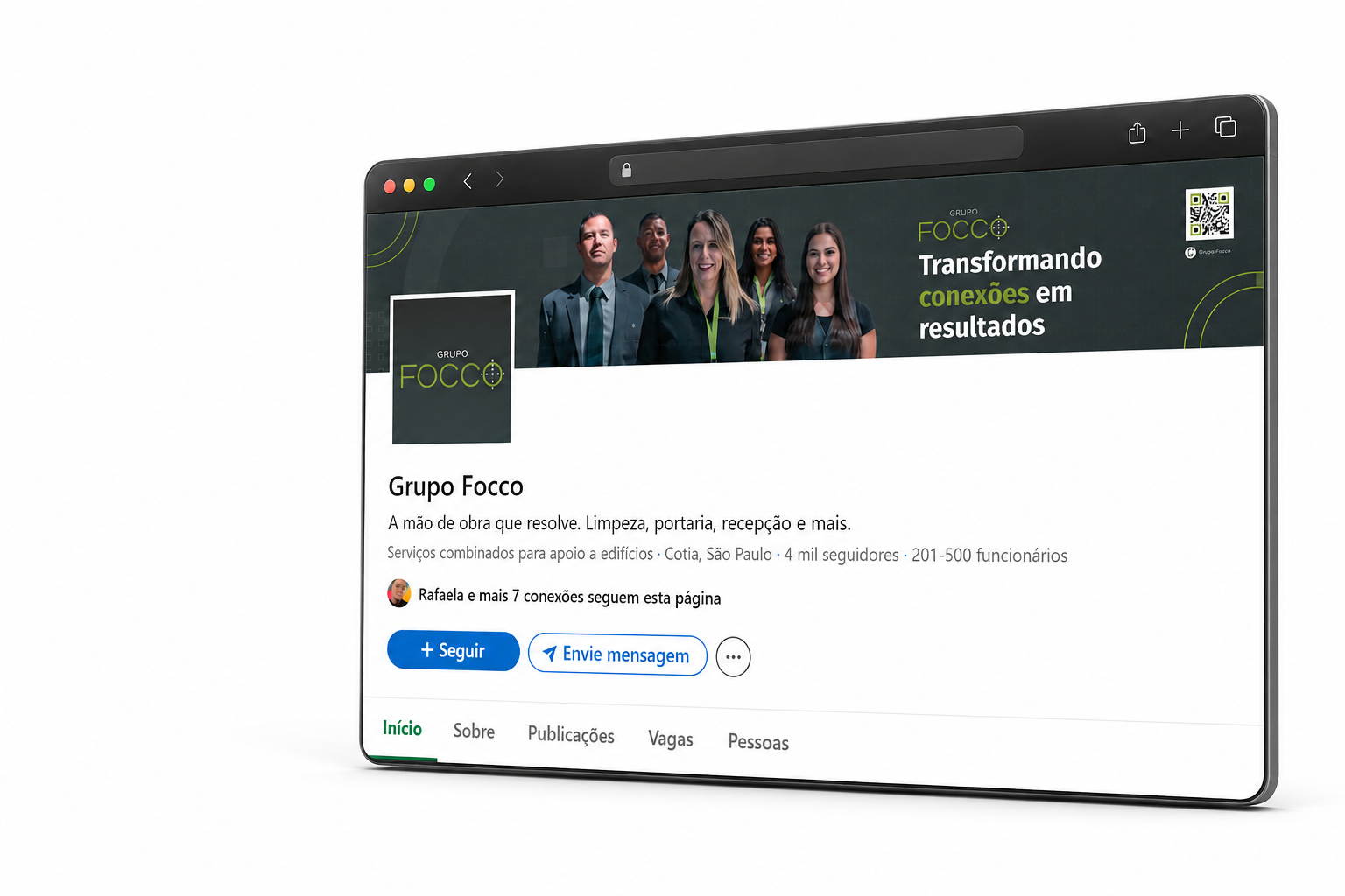 Mockup da página do Grupo Focco no LinkedIn